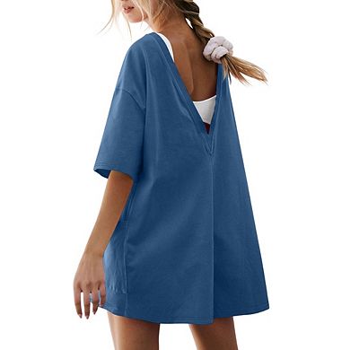 Women's Casual Oversized Tee Romper Workout Athletic Romper Onesie Backless Loose Shorts Jumpsuit