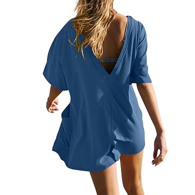 Women's Casual Oversized Tee Romper Workout Athletic Romper Onesie Backless Loose Shorts Jumpsuit