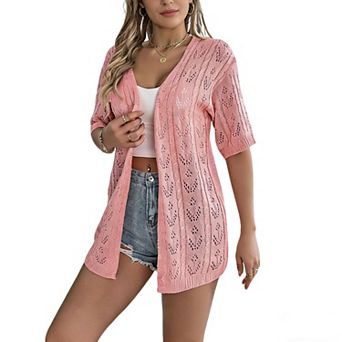 Women's Open Front Knit Cardigan Short Sleeve Hollow Out Pattern Casual Loose Lightweight Outerwear