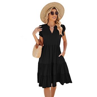 Women's Casual Ruffled Layered Dress V-neck Solid Color Short Sleeve Slip Midi Dress