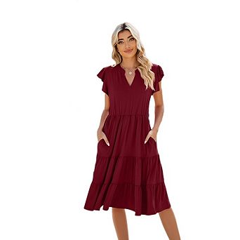 Women's Casual Ruffled Layered Dress V-neck Solid Color Short Sleeve Slip Midi Dress