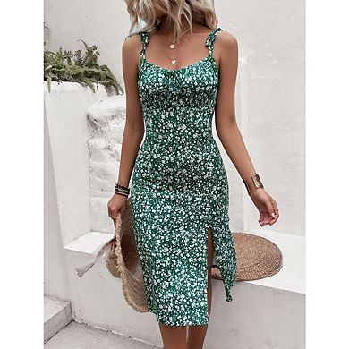 Women's Floral Print Drawstring Front Sleeveless Cami Midi Dress