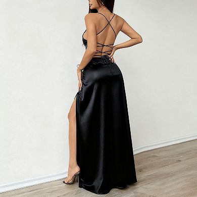 Women's Satin Maxi Dress - Spaghetti Strap V Neck Backless High Slit Formal Evening Party Gown