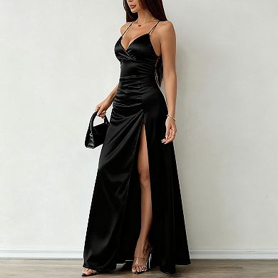 Women's Satin Maxi Dress - Spaghetti Strap V Neck Backless High Slit Formal Evening Party Gown