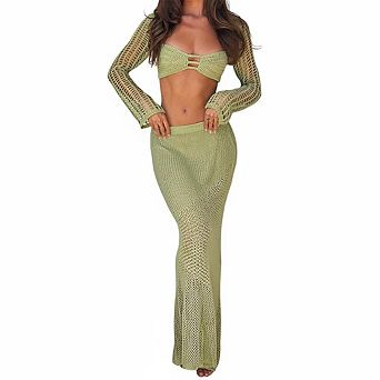 Women's Crochet Knit 2 pc Set Long Sleeve Crop Top & Skirt Hollow Out Beach Vacation Cover Up