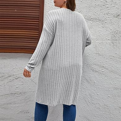 Women's Plus Size Ribbed Long Sleeve Open Front Cardigan Knee-Length Casual Pockets Sweater