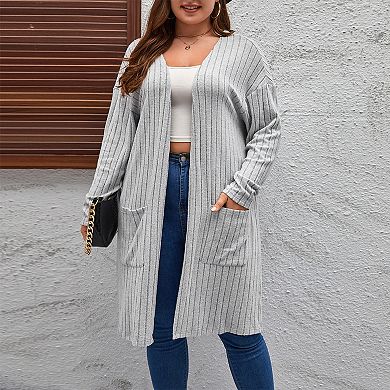Women's Plus Size Ribbed Long Sleeve Open Front Cardigan Knee-Length Casual Pockets Sweater
