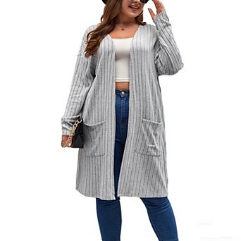 Women's Plus Size Ribbed Long Sleeve Open Front Cardigan Knee-Length Casual Pockets Sweater