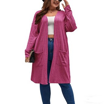 Women's Plus Size Ribbed Long Sleeve Open Front Cardigan Knee-Length Casual Pockets Sweater