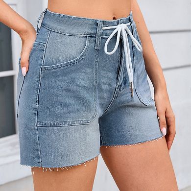 Jean Shorts for Women Summer High Waisted Pull On Drawstring Frayed Raw Hem Denim Jorts Shorts
