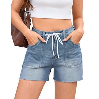 Jean Shorts for Women Summer High Waisted Pull On Drawstring Frayed Raw Hem Denim Jorts Shorts