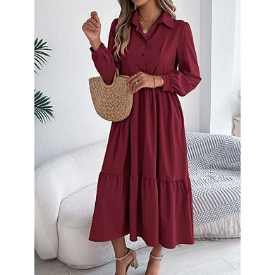 Women's Casual Ruffled Long sleeve Shirt Dress Collared Button down Flowing Midi Dress