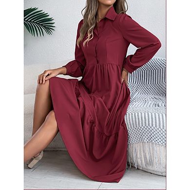 Women's Casual Ruffled Long sleeve Shirt Dress Collared Button down Flowing Midi Dress