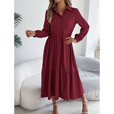 Women's Casual Ruffled Long sleeve Shirt Dress Collared Button down Flowing Midi Dress