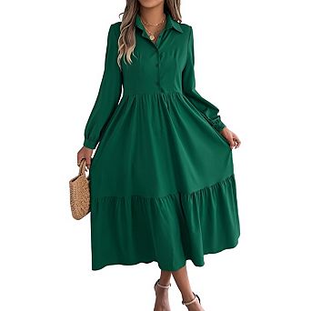 Women's Casual Ruffled Long sleeve Shirt Dress Collared Button down Flowing Midi Dress