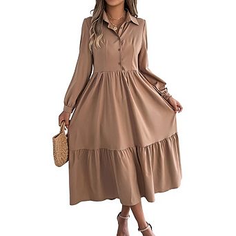 Women's Casual Ruffled Long sleeve Shirt Dress Collared Button down Flowing Midi Dress