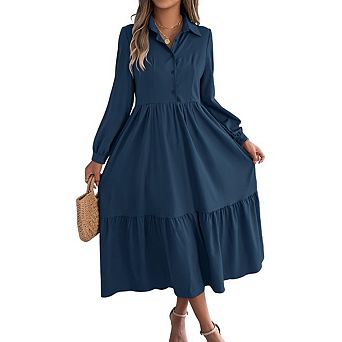 Women's Casual Ruffled Long sleeve Shirt Dress Collared Button down Flowing Midi Dress