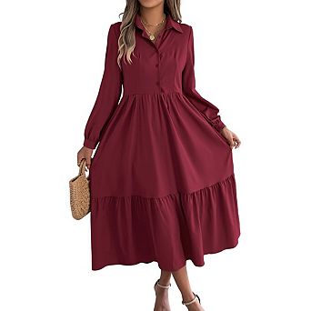Women's Casual Ruffled Long sleeve Shirt Dress Collared Button down Flowing Midi Dress
