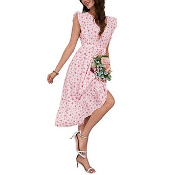 Women Summer Bohemian Floral Casual V Neck Sleeveless Belt A-Line Pleated Hem Midi Sun Dress