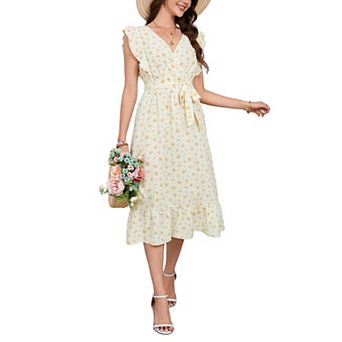 Women Summer Bohemian Floral Casual V Neck Sleeveless Belt A-Line Pleated Hem Midi Sun Dress