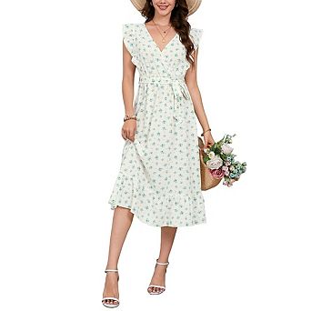 Women's Casual Ruffled Sleeve Printed Midi Dress Sleeveless Cross neck Flowy A-line Pleated Dress