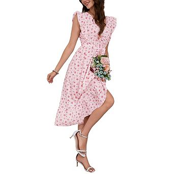 Women's Casual Ruffled Sleeve Printed Midi Dress Sleeveless Cross neck Flowy A-line Pleated Dress