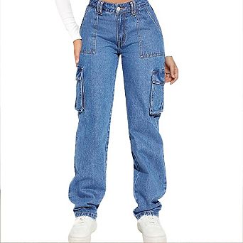 Women's High Waisted Relaxed Workwear Jeans Fashionable Wide-Leg Denim Pants with Pockets for Women