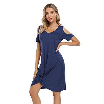 Womens Short Sleeve Dress Casual Soft Cold Shoulder Heather V Neck Twist Knot Hem Summer Midi Dress