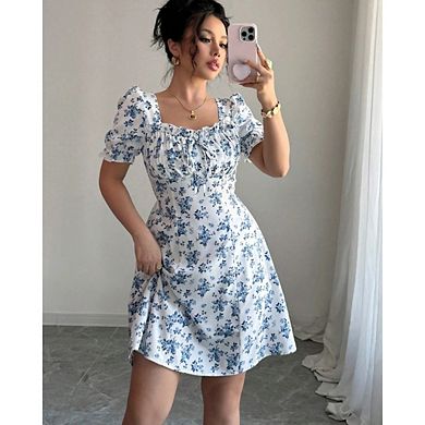 Women's Floral Boho Square Neck Puff Short Sleeve Self Tie Front A Line Dress