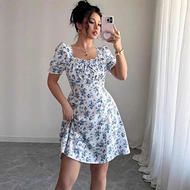 Women's Floral Boho Square Neck Puff Short Sleeve Self Tie Front A Line Dress