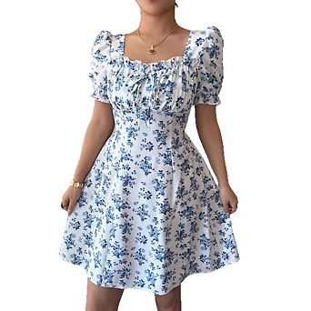 Women's Floral Boho Square Neck Puff Short Sleeve Self Tie Front A Line Dress