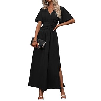 Women's Flutter Sleeves Ruffled Back Waist Midi Dress Short Sleeve Fitted Waist High Slit Maxi Dress