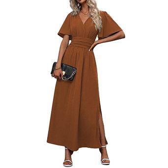 Women's Flutter Sleeves Ruffled Back Waist Midi Dress Short Sleeve Fitted Waist High Slit Maxi Dress