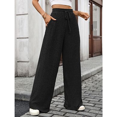 Women's Casual Wide-Leg Ribbed Pants Loose Soft Pants Drawstring Waist Belt Pants