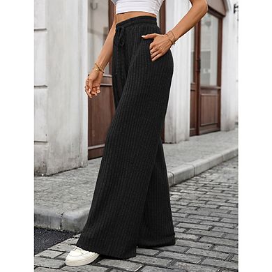 Women's Casual Wide-Leg Ribbed Pants Loose Soft Pants Drawstring Waist Belt Pants