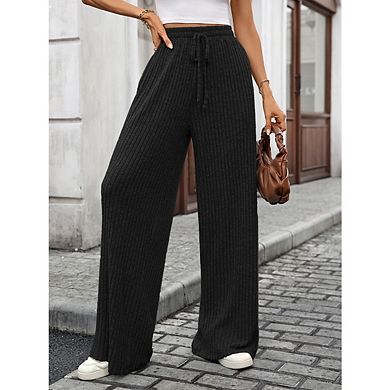 Women's Casual Wide-Leg Ribbed Pants Loose Soft Pants Drawstring Waist Belt Pants