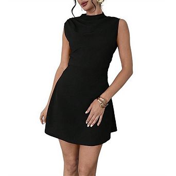 Women's Casual High-Neck Sleeveless Dress Fitted Pleated High Neck Solid Color Mini Dress
