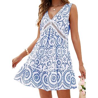 Womens Elegant Summer Dress Sleeveless Floral Printed Eyelet Lace V-Neck A-Line Mini Dresses