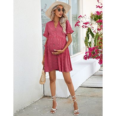 Women's Maternity Swiss Dot Dress Short Sleeve Button Down Dress with Pockets