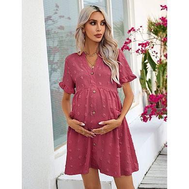 Women's Maternity Swiss Dot Dress Short Sleeve Button Down Dress with Pockets
