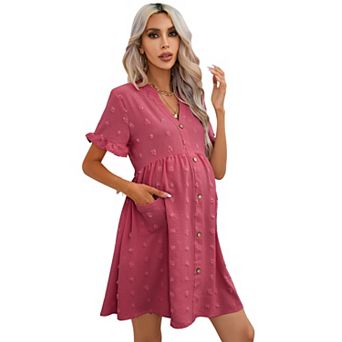 Women's Maternity Swiss Dot Dress Short Sleeve Button Down Dress with Pockets