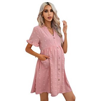 Women's Maternity Swiss Dot Dress Short Sleeve Button Down Dress with Pockets