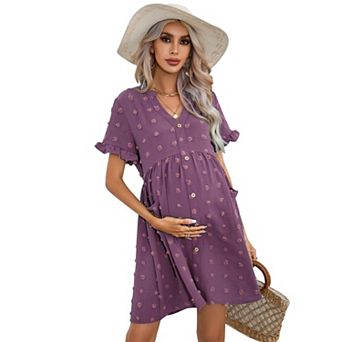 Women's Maternity Swiss Dot Dress Short Sleeve Button Down Dress with Pockets