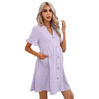 Women's Maternity Swiss Dot Dress Short Sleeve Button Down Dress with Pockets