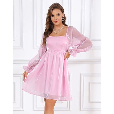 Womens Puff Sleeve Square Neck Puffy Dress Babydoll Mesh MiniDress