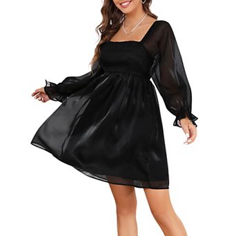 Womens Puff Sleeve Square Neck Puffy Dress Babydoll Mesh MiniDress