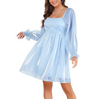 Womens Puff Sleeve Square Neck Puffy Dress Babydoll Mesh MiniDress