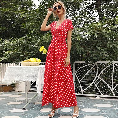 Women's Polka Dots Long Dress V Neck Flutter Short Sleeve A Line Flowy Dress