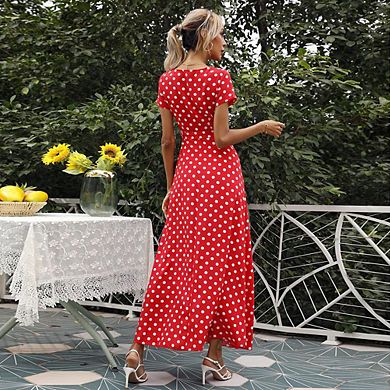 Women's Polka Dots Long Dress V Neck Flutter Short Sleeve A Line Flowy Dress
