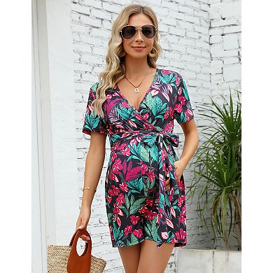Women's Maternity Jumpsuit Short Sleeve Casual High Waist Nursing Romper with Belt